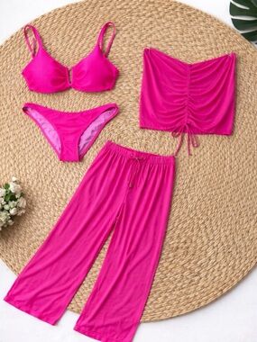 4 piece neon TiniBikini Vibrant Pink Bikini and Cover Up Set